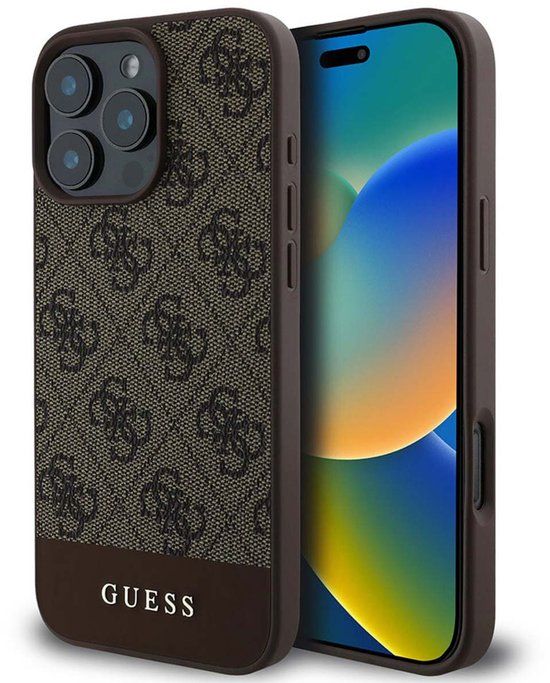 Guess 4G Bottom Stripe Hoesje Geschikt voor Apple iPhone 16 Pro - Back Cover Bruin