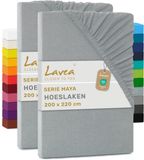 Lavea® Set van 2 Hoeslakens 200x220 cm – 100% Zacht en Ademend Katoen – voor Dikke Matrassen tot 35 cm – Jersey met Elastiek rondom – Zilver