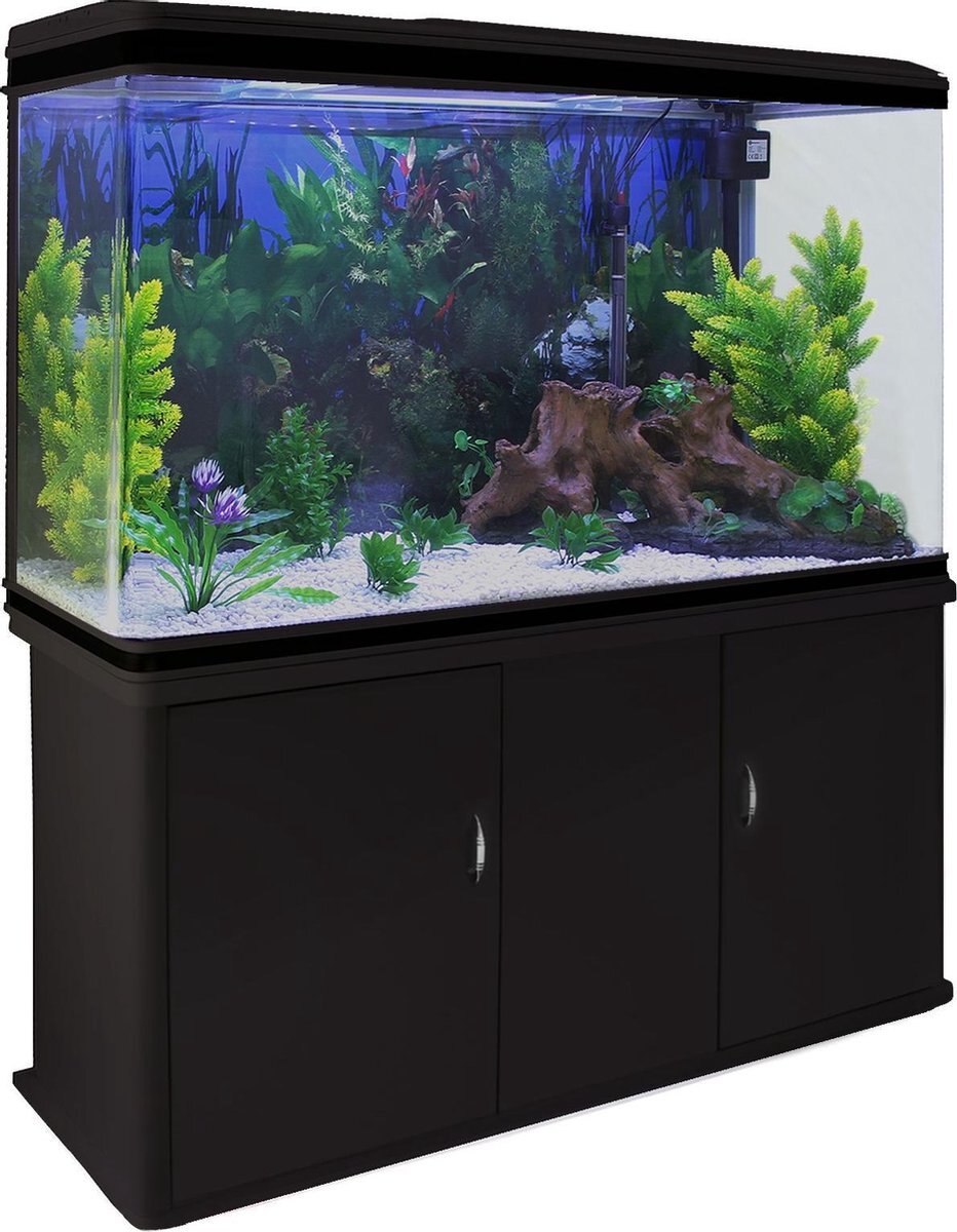 MonsterShop Aquarium 300 L Zwart starterset inclusief meubel Wit grind 120.5 cm x 39 cm x 143,5 cm filter, verwarming, ornament, kunstplanten, luchtpomp fish tank wit
