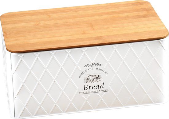 Kesper Broodtrommel - Metaal - Bamboe Snijplank - Wit - 32.5 x 21 x 15 cm