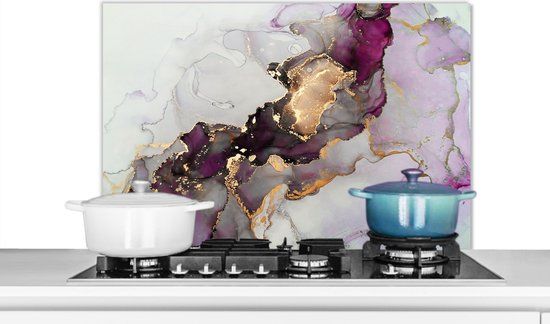 KitchenYeah Spatscherm - Goud - Paars - Abstract - Marmer print - 90x60 cm
