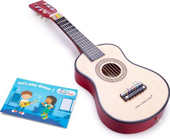 New Classic Toys Houten Gitaar - Naturel / Bruin - Inclusief Draagriem & Muziekboekje