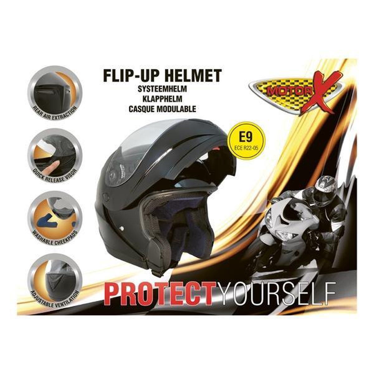 MotorX motorhelm systeemhelm glanzend zwart - 8711293496884