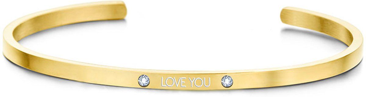Key Moments 8KM-B00466 - Stalen open bangle met tekst - * love you* - zirkonia - one-size - goudkleurig