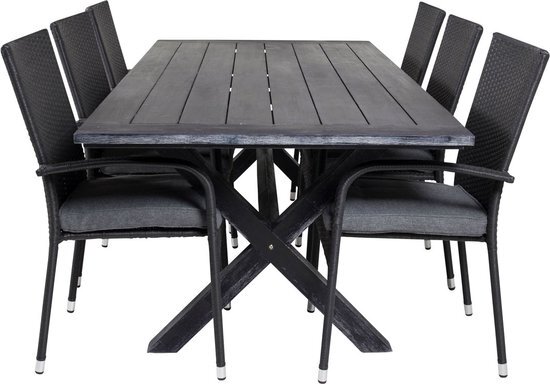 Hioshop Rives tuinmeubelset tafel 100x200cm en 6 stoel Anna zwart.