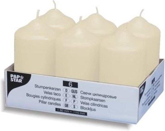Papstar Stompkaarsen / Zuilkaarsen Crème, 6 Stuks, 6 x 11,5 cm