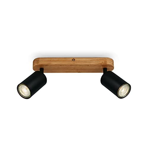 Briloner - Retro plafondlamp met hout, 2-lamps vintage plafondlamp, 2x GU10 fitting, verstelbare LED-spot, rustieke plafondspot, zwart-hout, 270x60x85 mm