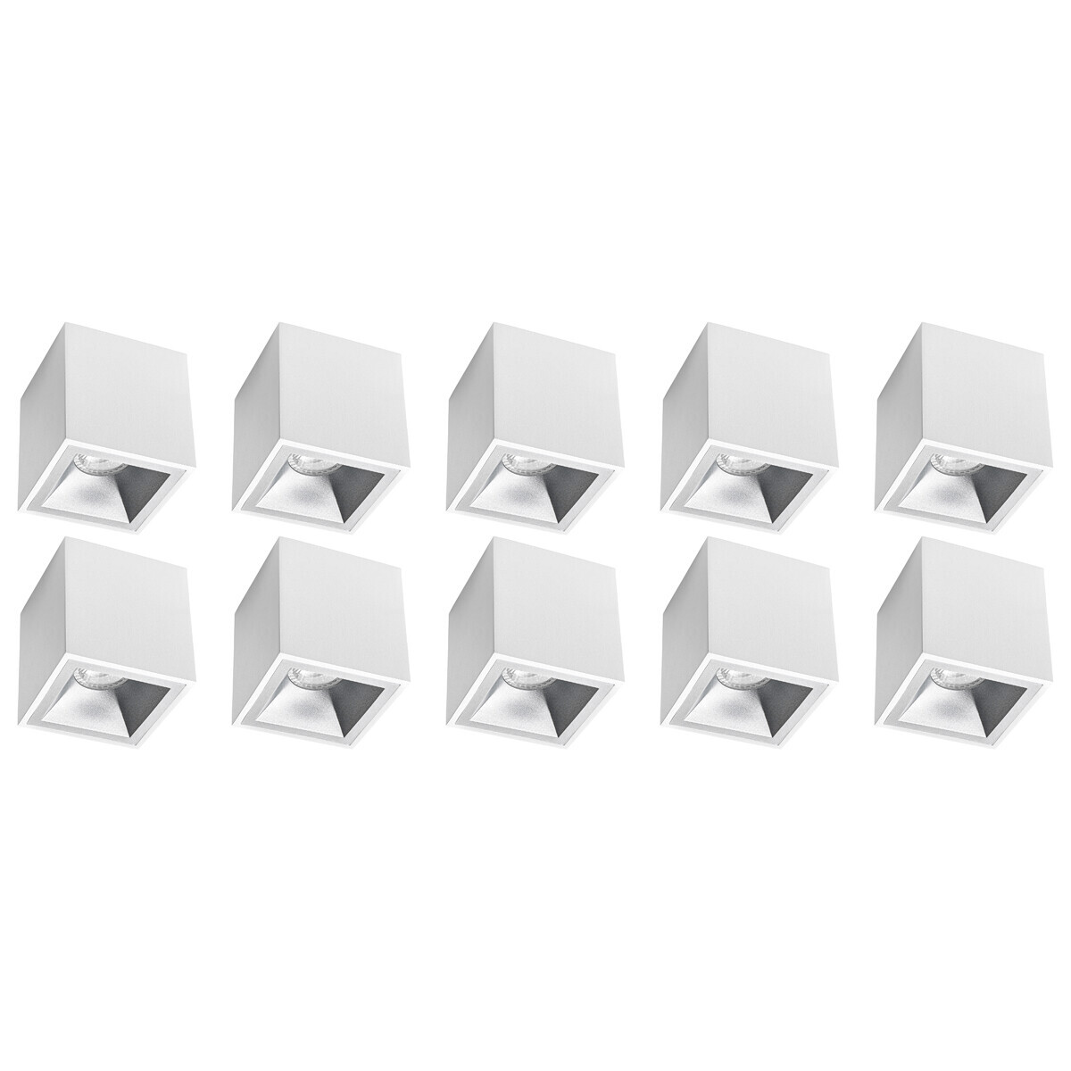 BES LED Opbouwspot 10 Pack - Pragmi Cliron Pro - GU10 Fitting - Opbouw Vierkant - Mat Wit/Zilver - Aluminium - Verdiept - Ã˜90mm