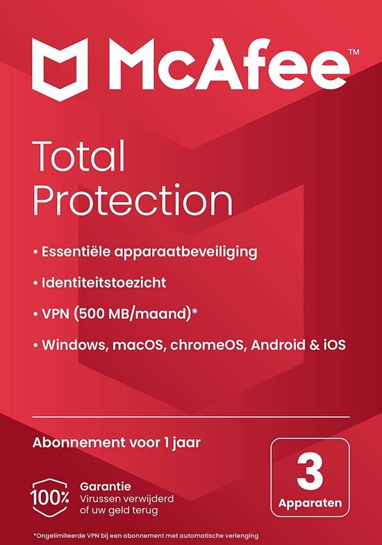 McAfee Total Protection 2022 | 3 apparaten | antivirusvirussoftware, internetbeveiliging | inclusief VPN, wachtwoordbeheer | pc/Mac/Android/iOS | 1-jarig abonnement | per post