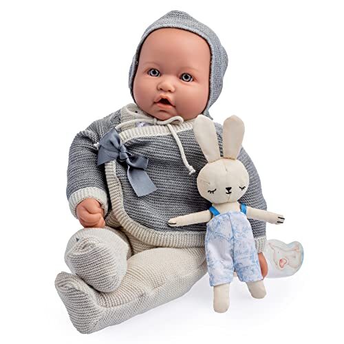 JC TOYS JC TOYS La Baby Vintage pop, originele collectie, 43 cm, lichaam van zachte stof, gebreide kleding, fopspeen en pluche, gesloten ogen, beige en grijs, kind, ontworpen in Spanje door Berenguer, 2 jaar