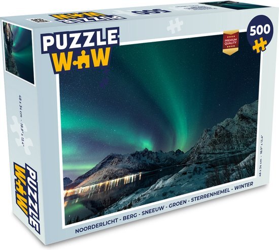 MuchoWow Puzzel Noorderlicht - Berg - Sneeuw - Groen - Sterrenhemel - Winter - Legpuzzel - Puzzel 500 stukjes - Sinterklaas cadeautjes - Sinterklaas voor grote kinderen