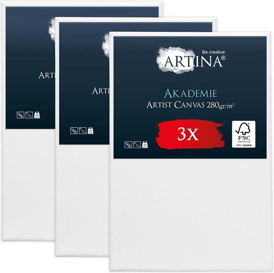 Artina Akademie – Set van 3 Schilderdoeken Canvas 60x90 cm – Spieraam van FSC® Hout – Wit Canvas 100% Katoen – 280 g/m