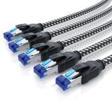 Primewire LAN-kabelset van 5 stuks, CAT 8 patchkabel, 40 Gbit/s, netwerkkabel, S/FTP dubbel afgeschermd, RJ45-connectoren, Baumwolle omhulling, vergulde contacten, 5 stuks, 1 meter, Schwarz