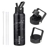 BJPKPK Thermosfles 1200 ml, Roestvrijstalen Isolerende Waterfles | Lekdicht Sportfles met 3 Doppen incl. Rietjesdop | BPA Vrij Fitnessfles voor Gym - Middernacht