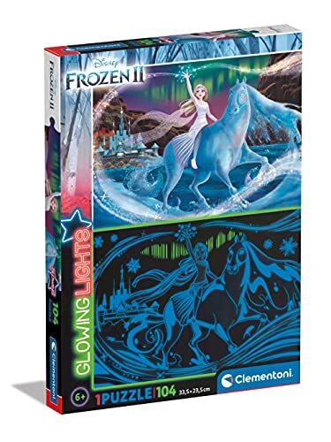 Clementoni Glowing Lights Collection-Disney Frozen 2, fluorescerend 104 stukjes, Made in Italy, kinderen 6 jaar, cartoon-puzzel, meerkleurig, 27548