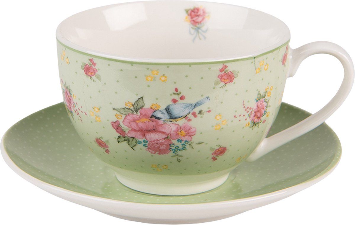 Clayre & Eef Kop en schotel 200 ml Groen Beige Porselein Bloemen Servies Cappuccino
