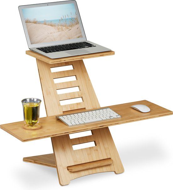 Merkloos Relaxdays bureau verhoger, bamboe, in de hoogte verstelbaar, zit-sta-verhoger laptop, werkplek, naturel