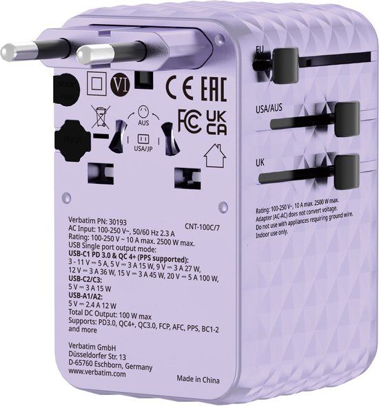Verbatim Reisadapter Eu Vk Vs Gan 2Xusb-C 2Xusb-A 1Xusb-C Pd 100W