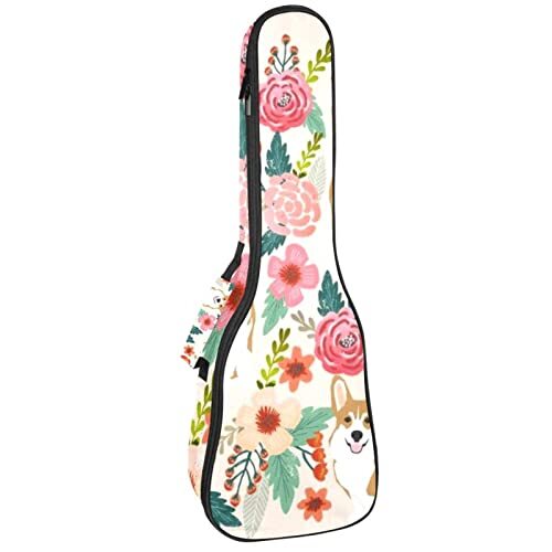 Mersov Concert Ukelele Rugzak, Heavy Duty Ukulele Case Tas met Opslag, Sopraan Concert Tenor Ukelele 10 MM Gewatteerde Tas Roze Bloemen Corgi Honden Patroon