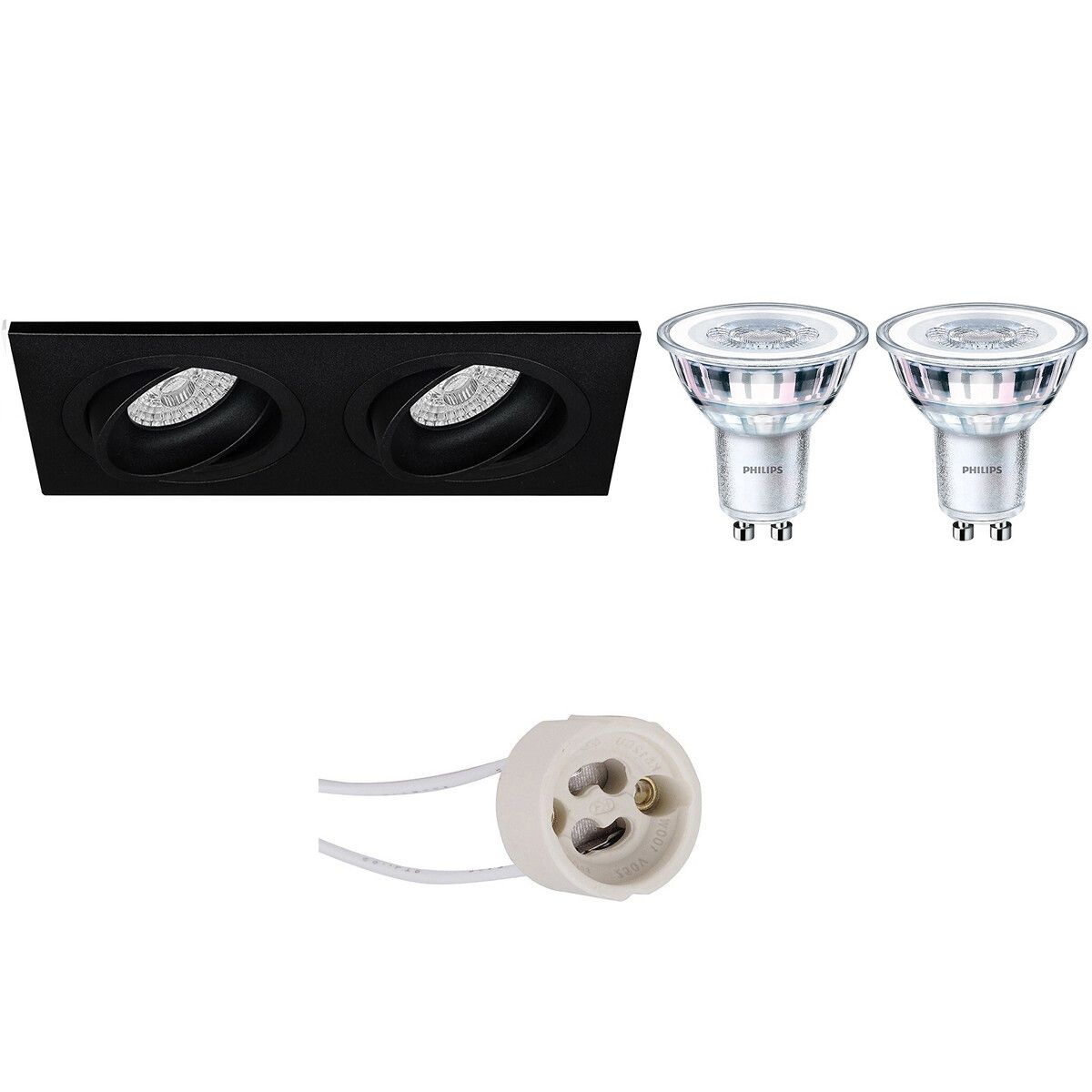BES LED LED Spot Set - Pragmi Borny Pro - GU10 - Inbouw Rechthoek Dubbel - Mat Zwart - Kantelbaar - Philips CorePro 827 3.5W - Warm Wit 2700K