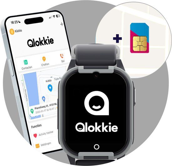 Qlokkie Kiddo Lite - GPS horloge kind - Smartwatch kinderen - GPS tracker kind met nauwkeurige locatiebepaling - GPS horloge kind met simkaart - Stel veilige zones in - SOS functie - Zwart
