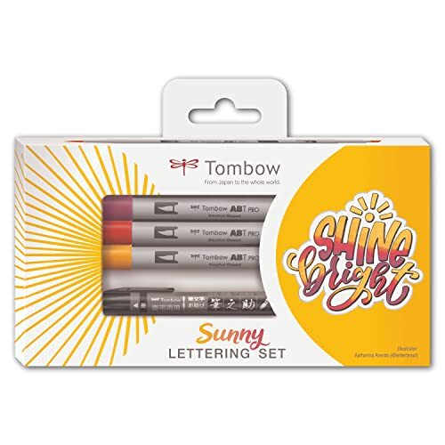 Tombow LS-ABTP, Sunny letterset voor kleurrijke letters, 3 x ABT PRO marker & Fudenosuke twin + handleiding, perfecte start in lettering met alcohol gebaseerde markers