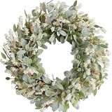 Egolot Ivoorkleurige bloemenkrans voor voordeur, lamsoren en bladeren met witte kunstbloemen voor binnen en buiten, rustieke groene bloemenkrans