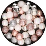 Decoris Mini kerstballen - 42x - lichtroze - parelmoer wit - zilver - D3 cm - kunststof