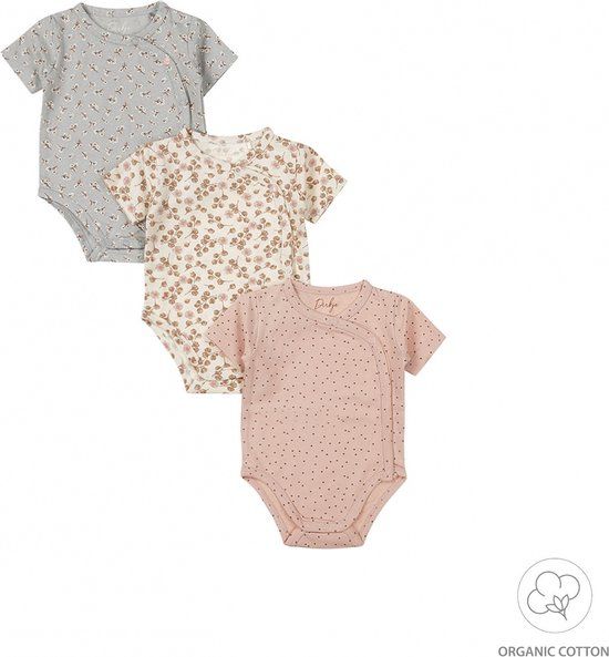 Dirkje Romper Korte Mouw Gebloemd Roze Biologisch Katoen 3-Pack 44