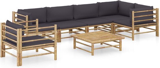 The Living Store Bamboe Loungehoek - Hoekbank - Middenbank - Stoel - Tafel - 65x70x60 cm - Donkergrijs kussen - Montage vereist