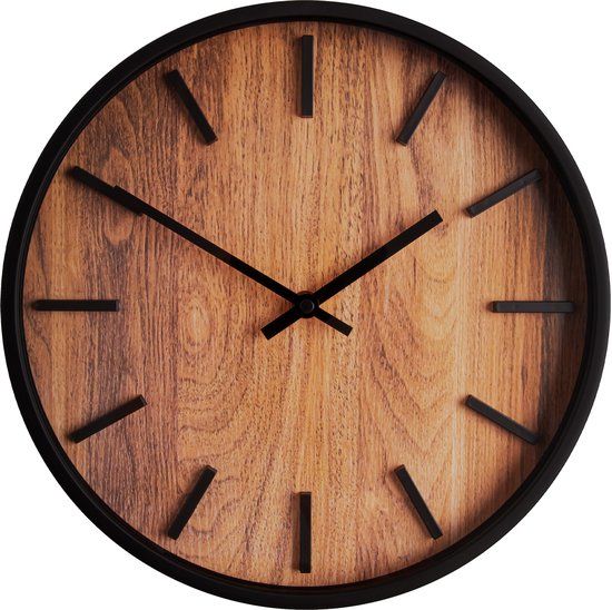 QUVIO Houtlook wandklok - ø29 cm - Kunststof - Zwart