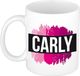 Bellatio Decorations Carly naam cadeau koffie mok - beker - met roze verfstrepen - Cadeau collega - moederdag - verjaardag - juf - coach - 300 ml - wit
