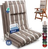 Beautissu Sun-HL - Set de 3 coussins premium dossier haut avec appui-tête 120x50 cm résistant aux UV & coussin de 8 cm d'épaisseur coussin de chaise de jardin sangles de fixation antidérapantes tissu résistant beige blanc rayé