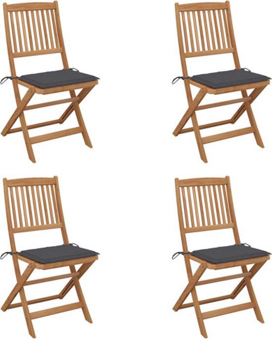 vidaXL Set van 4 Klapstoelen met Kussens, Massief Acaciahout, Antraciet