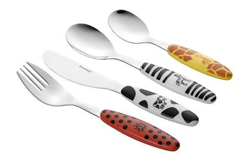 Esmeyer 199-351 4-delig kinderbestek safari roestvrij staal 18/0 gepolijst, in geschenkdoos, kleurrijke kunststof handgrepen bedrukt met diermotieven