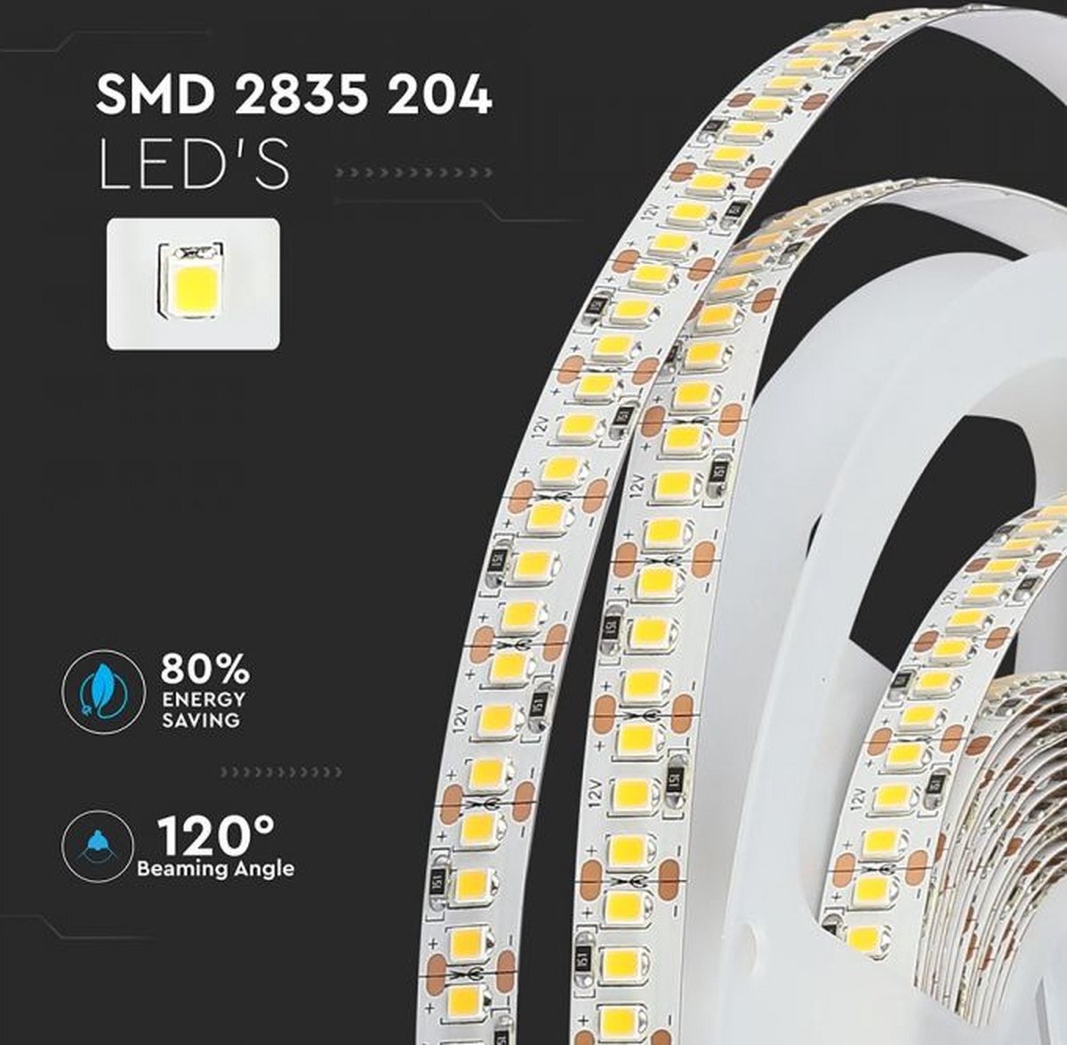 V-Tac / Samsung V-TAC led strip 3528 SMD 204 leds/m Hoog lumen 1700lm/m - 3000K warm wit, verbruik 18w/m 12V