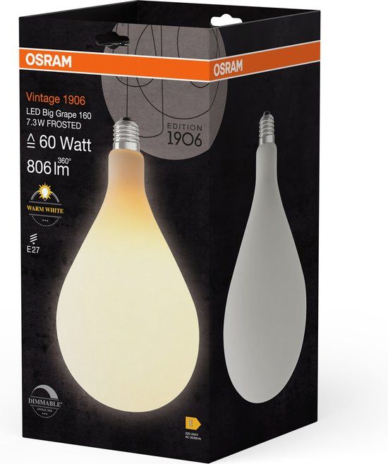 OSRAM Vintage 1906 Big Grape LED Lamp - Dimmable - E27 - 7.3W - 806 lm - Frosted - 160mm - CRI 80