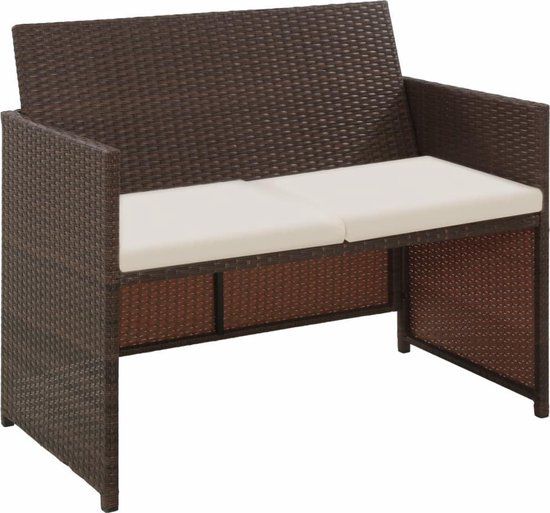 vidaXL 2-Seater Garden Bench with Cushions Poly Rattan Brown