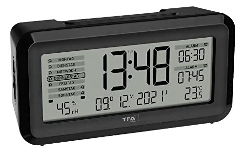TFA Digitale draadloze wekker BOXX2, 60.2562.01, Duits display, 2 wektijden, klimaatbewaking, met weekdag, met batterij, zwart, (L) 138 x (B) 52 x (H) 72 mm