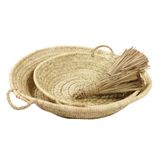 Home Maison Platte mand met palmgrepen, platte mand met palmblad-handgrepen, 45 x 45 x 45 cm, Marokkaans vakmanschap, kleur naturel