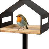 WONDERMAKE® design vogelhuis met standaard van metaal en hout, weerbestendig, moderne vogelvoederbak, groot metalen dakstaander, vogelvoeder voor vogels om op te staan XL