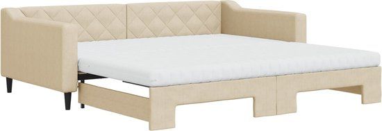 vidaXL Slaapbank met onderschuifbed en matrassen 100x200 cm stof crème