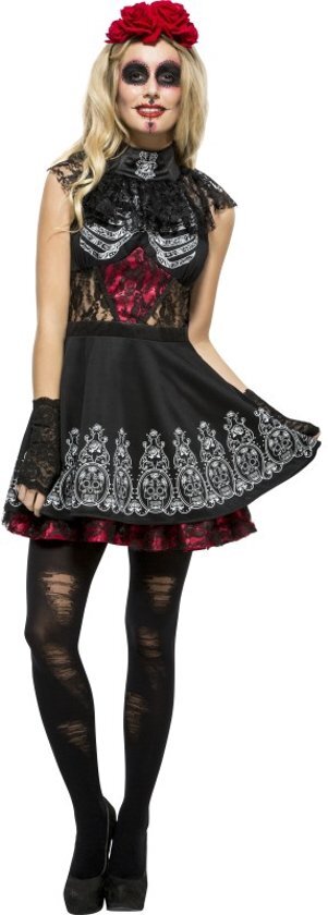 Smiffys Halloween Gothic jurkje met doodshoofden en kant Verkleedkleding dames maat XS 32/34