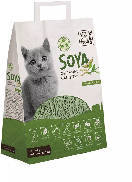 M-PETS SOYA Organische kattenbakvulling 6kg 15L groene thee