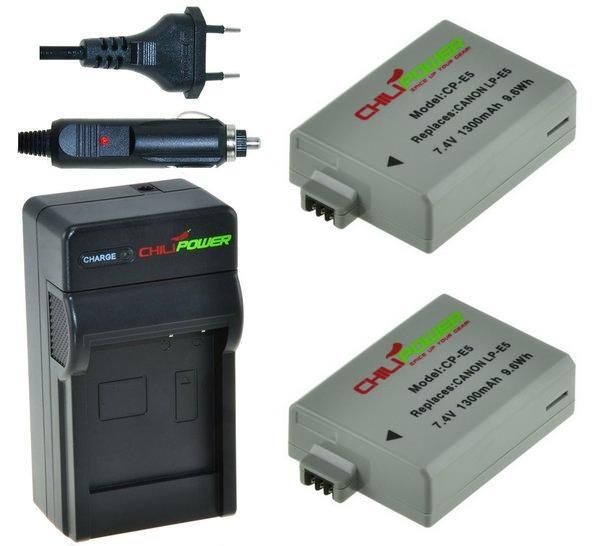 ChiliPower 2 x LP-E5 accu's voor Canon - inclusief oplader en autolader
