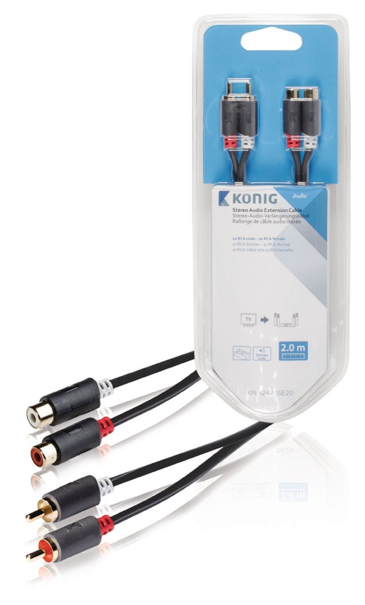 König Stereo audio extension cable 2x RCA male - 2x female 2.00 m grey