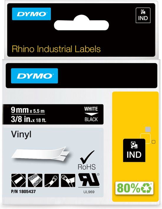 DYMO Industriële Vinyl Labels | 9 mm x 5,5 m | Zwart op Wit