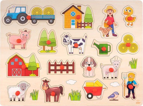 Houten Knopjes Puzzel Boerderij 40x30cm - Educatief speelgoed voor kinderen - 17 stukjes
