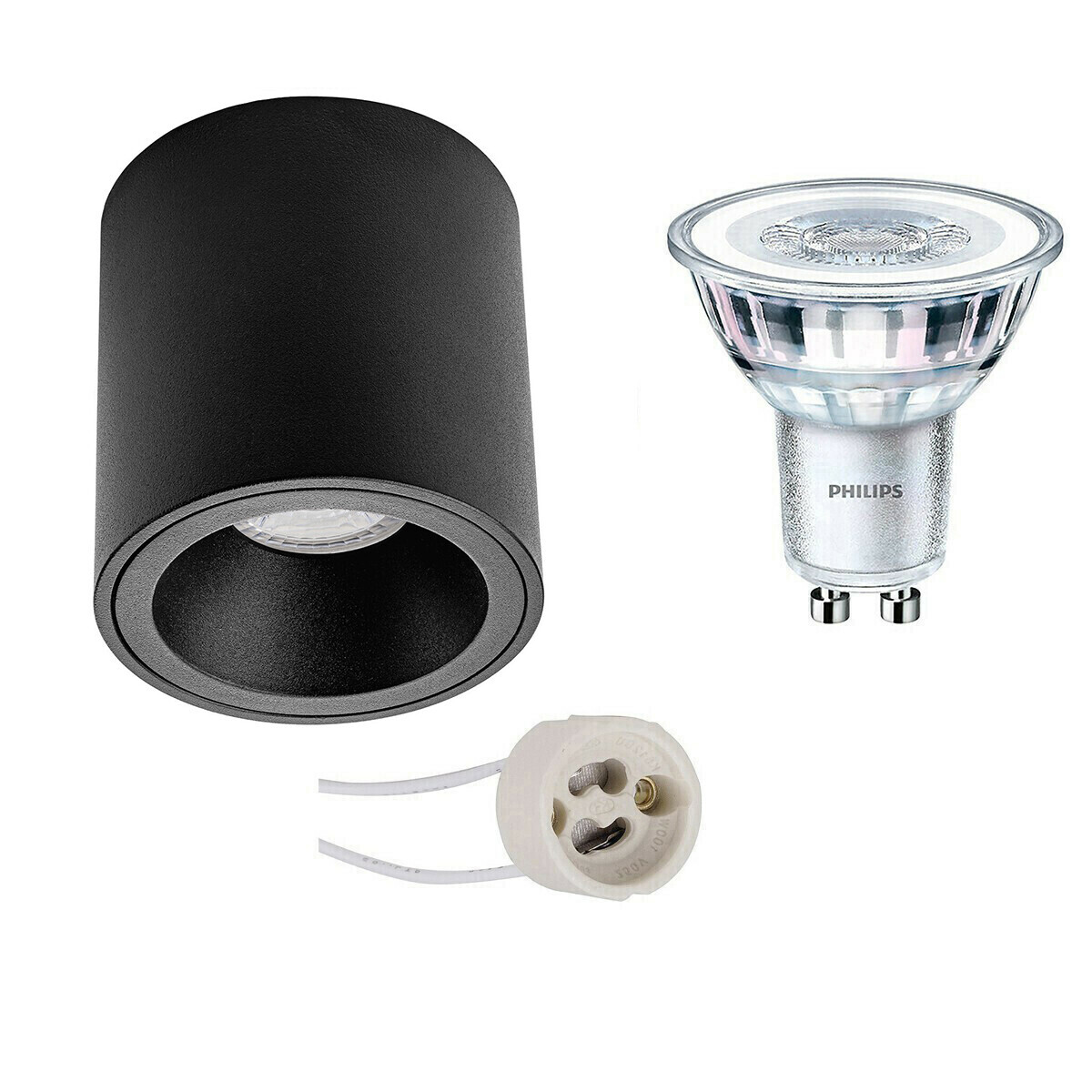 BES LED Opbouwspot Set - Pragmi Cliron Pro - GU10 Fitting - Opbouw Rond - Mat Zwart - Verdiept - Ø90mm - Philips - CorePro 827 36D - 4.6W - Warm Wit 2700K