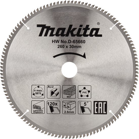 Makita Afkortzaagblad voor Multimaterial | Standaard | &#216; 260mm Asgat 30mm 120T - D-65660